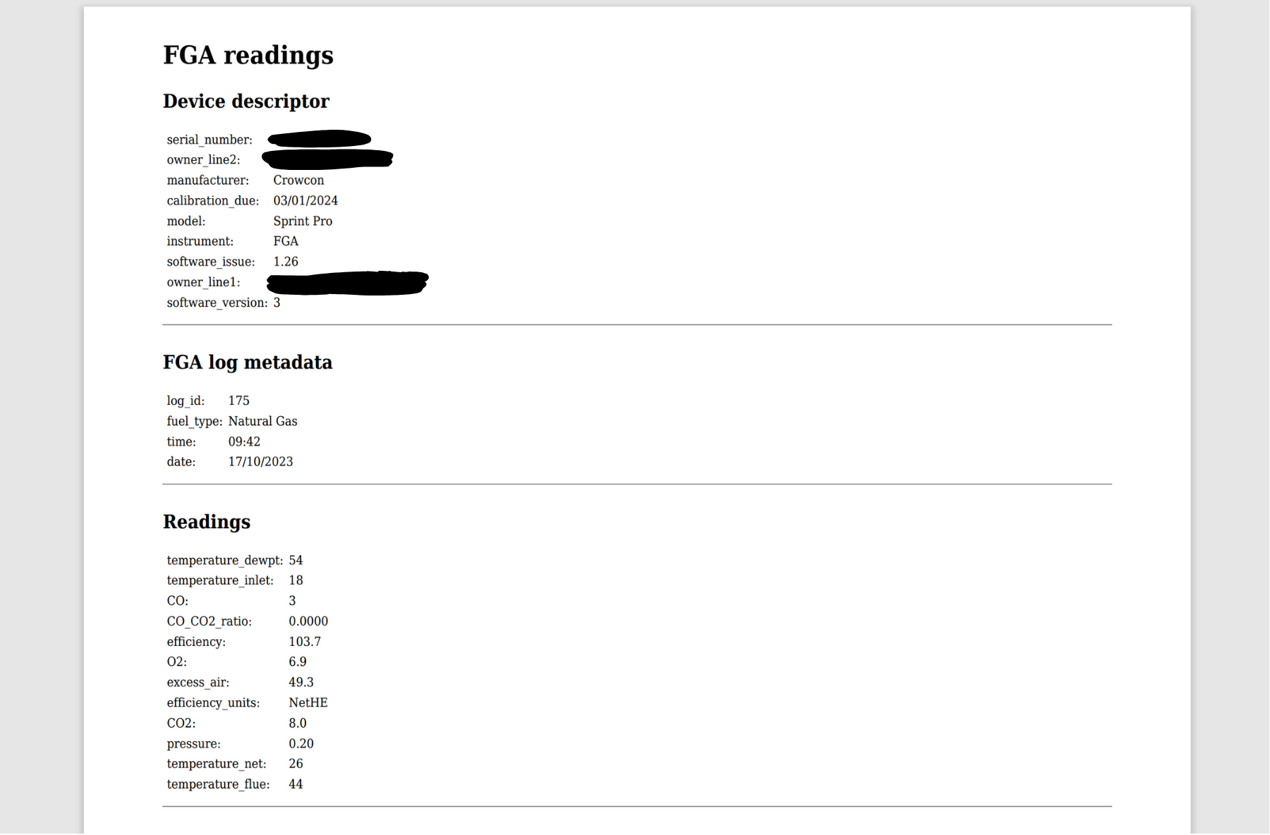 Sample FGA report A flue gas analyser report from our software