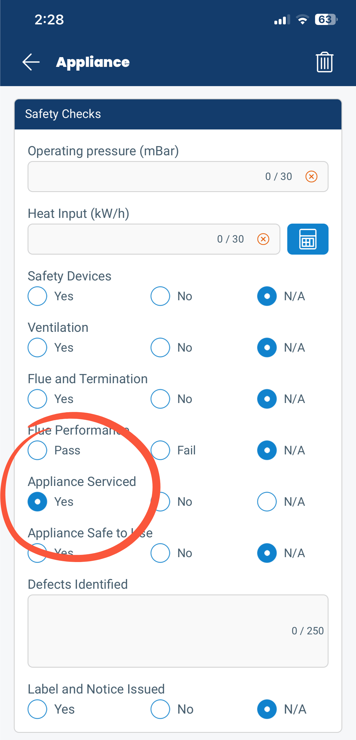 Optional appliance service option in Gas Engineer Software