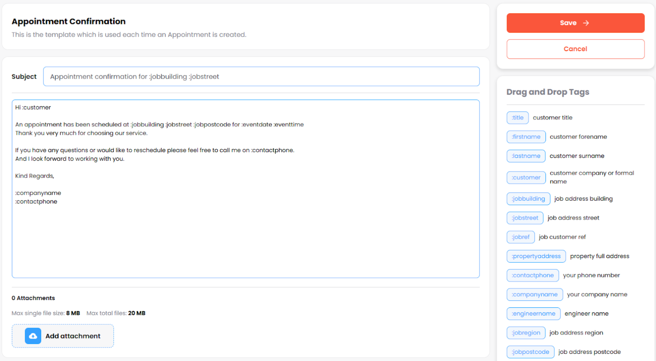 Setting the appointment confirmation message