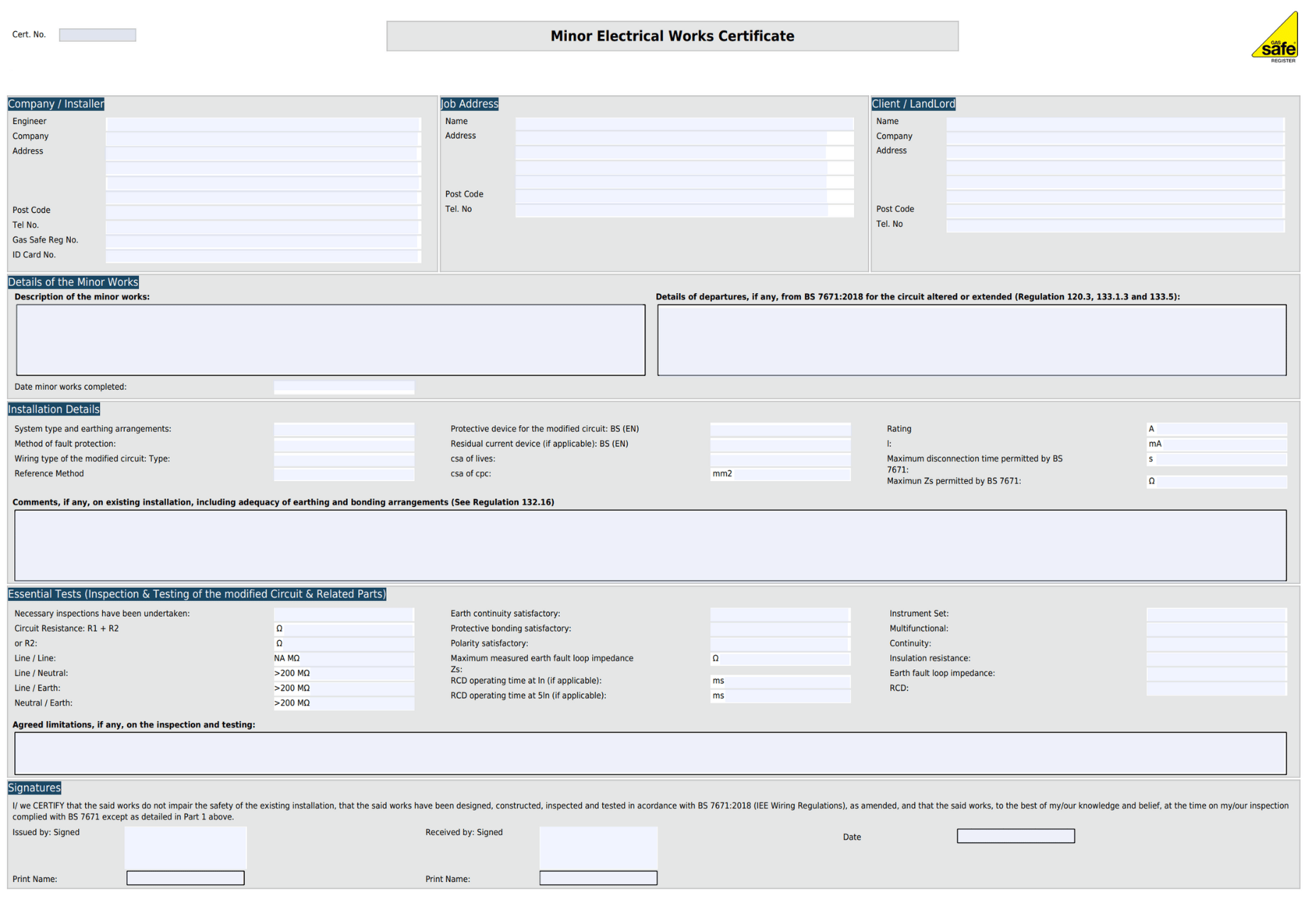 Minor Works Certificate min Sample image of the legionella risk assessment template